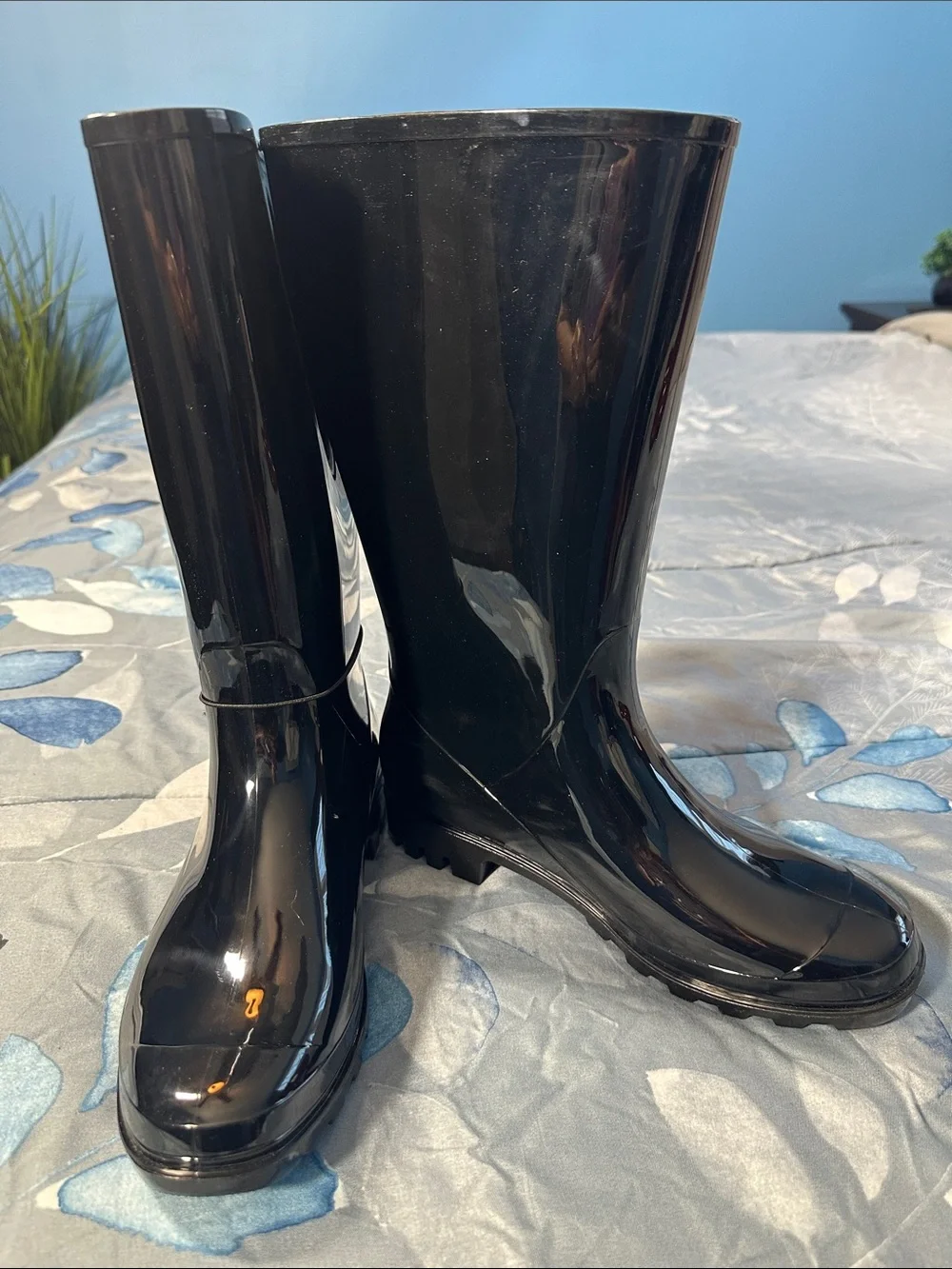🖤 NWTS Time and Tru Women's Wide Calf Glossy Black Rain Boots Sz 10 wide 🖤